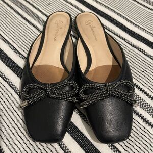 Guillhermina Anthropologie Black Ballet Mules with Rhinestone Bow US 8 Worn